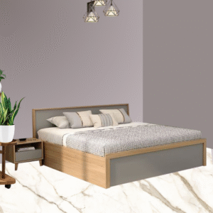 Bed In Wood & Ash Grey Finish With Box Storage & 2 Side Boxes in Variable Sizes